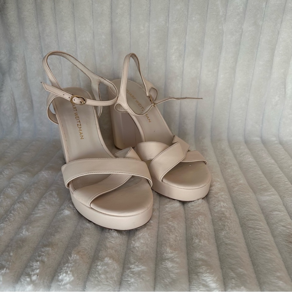 Stuart Weitzman Platform Block Heel Sandals – Nude Leather – Size 10B